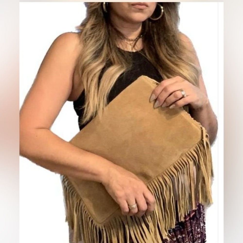 Fringe Tan Suede Clutch Bag Purse